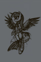 Size: 600x900 | Tagged: safe, artist:zetamad, twilight sparkle, twilight sparkle (alicorn), alicorn, pony, monochrome, solo