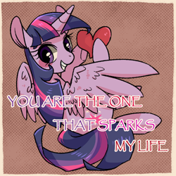 Size: 800x800 | Tagged: safe, artist:phyllismi, twilight sparkle, twilight sparkle (alicorn), alicorn, pony, blushing, grin, heart, hoof hold, looking at you, looking over shoulder, papyrus (font), smiling, solo, spread wings, text, valentine's day card