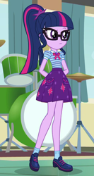 Size: 400x750 | Tagged: safe, screencap, sci-twi, twilight sparkle, better together, equestria girls, overpowered (equestria girls), clothes, cropped, cymbals, drum kit, drums, female, glasses, hands behind back, hi-hat, musical instrument, outfit catalog, ponytail, solo