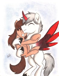 Size: 1024x1313 | Tagged: safe, artist:pollito15, derpibooru import, oc, oc only, oc:proyect 89, oc:stephanie, alicorn, earth pony, pony, eyes closed, female, hug, male, mare, smiling, stallion, traditional art