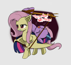 Size: 842x766 | Tagged: safe, artist:twilite-sparkleplz, fluttershy, twilight sparkle, bat pony, pony, bondage, dialogue, eyes closed, female, flutterbat, gray background, hogtied, magic suppression, mare, open mouth, race swap, ropes, simple background, this will not end well, unsexy bondage