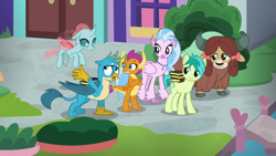 Size: 1280x720 | Tagged: safe, derpibooru import, screencap, gallus, ocellus, sandbar, silverstream, smolder, yona, changedling, changeling, classical hippogriff, dragon, earth pony, griffon, hippogriff, pony, yak, what lies beneath, bow, cloven hooves, dragoness, female, flying, hair bow, jewelry, male, monkey swings, necklace, student six, teenager