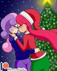 Size: 1600x2000 | Tagged: safe, alternate version, artist:jake heritagu, apple bloom, sweetie belle, human, ass, back, blushing, christmas, christmas tree, clothes, cute, eyes closed, female, holiday, humanized, lesbian, pants, patreon, patreon logo, shipping, snow, snowfall, sweetiebloom, tree, winter outfit