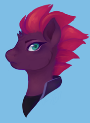 Size: 1280x1760 | Tagged: safe, artist:heici, fizzlepop berrytwist, tempest shadow, unicorn, my little pony: the movie, broken horn, bust, colored pupils, female, looking at you, mare, profile, simple background, solo