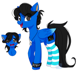 Size: 2141x1959 | Tagged: safe, artist:sonica98, oc, oc only, pegasus, pony, black mane, black sclera, blue coat, bracelet, clothes, dog tags, jewelry, looking at you, sad, simple background, smiling, socks, solo, striped socks, transparent background, upset