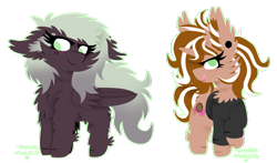 Size: 1024x601 | Tagged: safe, artist:vanillaswirl6, oc, oc only, oc:cinnabun, oc:reyna cloverfield, earth pony, pegasus, pony, chibi, commission, duo, ear piercing, female, fluffy, green eyes, licking, mare, piercing, simple background, sweatshirt, tongue out, transparent background