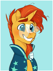 Size: 1280x1714 | Tagged: safe, artist:xcolorblisssketchx, sunburst, pony, unicorn, adorkable, blue background, blushing, bust, cute, dork, glasses, grin, male, portrait, simple background, smiling, solo, stallion, sunbetes