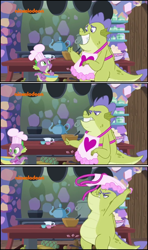 Size: 1042x1766 | Tagged: safe, derpibooru import, edited screencap, screencap, sludge (g4), spike, dragon, father knows beast, apron, baking, clothes, comic, fake smile, heart, kitchen, nickelodeon, screencap comic, thumbs up, unamused, upset, winged spike