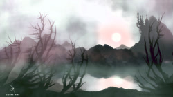 Size: 1280x720 | Tagged: safe, artist:zidanemina, canterlot, cloud, dead tree, lake, no pony, scenery, sun, tree