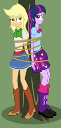 Size: 1024x2144 | Tagged: safe, artist:poniacz-internetuff, applejack, twilight sparkle, human, equestria girls, secret of my excess, belt, bondage, boots, clothes, denim skirt, equestria girls interpretation, female, leg warmers, miniskirt, pleated skirt, scene interpretation, shoes, skirt, tied up, tree