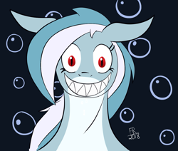 Size: 995x843 | Tagged: safe, artist:feralroku, derpibooru import, oc, oc only, oc:dexamene, original species, shark pony, blue background, bubble, nereid, sharp teeth, simple background, smiling, solo, teeth