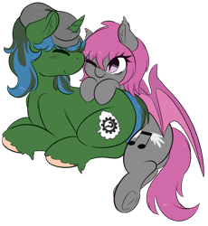 Size: 3404x3696 | Tagged: safe, artist:wickedsilly, oc, oc only, oc:fruitful melody, oc:rc, bat pony, unicorn, bat pony oc, cuddling, cute, frc, frog (hoof), oc x oc, shipping, simple background, transparent background, underhoof