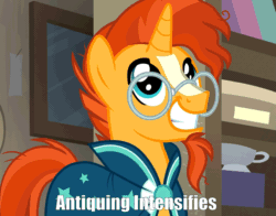 Size: 1323x1038 | Tagged: safe, edit, edited screencap, screencap, sunburst, uncommon bond, animated, cute, eye shimmer, gif, happy, meme, smiling, solo, sunbetes, that pony sure does love antiques, x intensifies