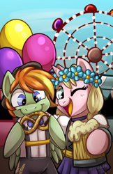 Size: 1024x1583 | Tagged: safe, artist:sciggles, oc, oc only, oc:barley tender, oc:caramel malt, pony, balloon, barmel, cider, female, ferris wheel, food, male, mare, ponyville ciderfest, pretzel, smiling, stallion