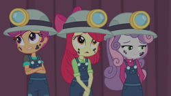 Size: 1280x720 | Tagged: safe, derpibooru import, screencap, apple bloom, scootaloo, sweetie belle, better together, equestria girls, happily ever after party, crossed arms, cutie mark crusaders, female, helmet, miner, mining helmet, sad, trio, trio female