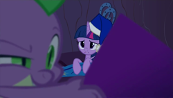 Size: 1280x720 | Tagged: safe, screencap, spike, twilight sparkle, twilight sparkle (alicorn), alicorn, dragon, power ponies (episode), bed, cap, clothes, comic book, golden oaks library, hat, pajamas, reading