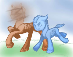 Size: 1279x1014 | Tagged: safe, artist:thatonegib, oc, oc only, pegasus, pony, daily sketch, father and child, father and son, folded wings, male, memories, parent and child, running, short hair, short tail, simple background, smiling, unshorn fetlocks