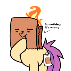 Size: 550x550 | Tagged: safe, artist:paperbagpony, derpibooru import, oc, oc only, oc:paper bag, earth pony, pony, :t, covered cutie mark, fake cutie mark, female, fire, frown, grammar error, mare, on fire, paper bag, scrunchy face, simple background, solo, something is not right, thinking, wat, white background