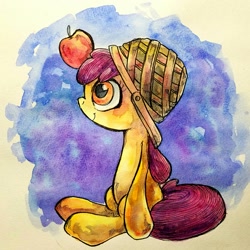 Size: 2747x2751 | Tagged: safe, artist:awk44, apple bloom, earth pony, pony, apple, apple on head, balancing, basket, basket hat, female, filly, food, hat, silly, sitting, smiling, solo