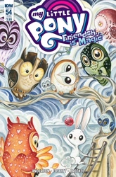 Size: 1054x1600 | Tagged: safe, artist:sararichard, idw, angel bunny, owlowiscious, owl, rabbit, spoiler:comic, spoiler:comic54, animal, barn owl, candy, cover, food, lollipop, tootsie pop