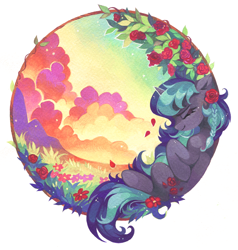 Size: 1862x1952 | Tagged: safe, artist:lispp, derpibooru import, oc, oc only, oc:damask rose, pony, unicorn, badge, cloud, eyes closed, female, flower, grass, mare, simple background, sky, smiling, solo, transparent background, ych result