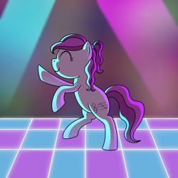 Size: 1000x1000 | Tagged: safe, artist:cappie, derpibooru import, oc, oc only, oc:violet ray, pony, dance floor, dancing, eyes closed, female, neon, smiling, solo