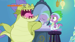Size: 1032x580 | Tagged: safe, derpibooru import, screencap, sludge (g4), spike, dragon, father knows beast, animation error, bad teeth, bathroom, dirty, duo, gross, jaws, lamp, male, mirror, nickelodeon, open mouth, rotten teeth, smiling, stool, teeth, toothpaste, towel