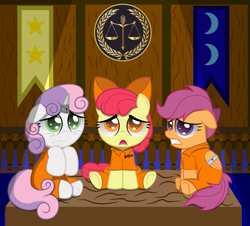 Size: 1249x1128 | Tagged: safe, artist:spellboundcanvas, derpibooru import, apple bloom, scootaloo, sweetie belle, clothes, courtroom, cutie mark crusaders, horn ring, magic suppression, prison outfit, prisoner, scales of justice, wing cuffs