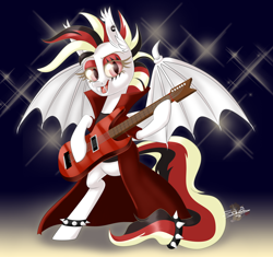 Size: 852x800 | Tagged: safe, artist:unisoleil, oc, oc only, oc:albi light wing, bat pony, pony, albino, bat pony oc, bipedal, clothes, female, guitar, makeup, mare, nightpony, solo, spiked wristband, tail wrap, wristband