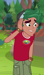 Size: 341x575 | Tagged: safe, derpibooru import, screencap, timber spruce, equestria girls, legend of everfree, camp everfree outfits, clothes, cropped, embarrassed, hand in pocket, male, shorts, smiling, solo