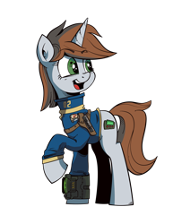 Size: 1950x2400 | Tagged: safe, artist:iiapiiiubbiu, derpibooru import, oc, oc only, oc:littlepip, pony, unicorn, fallout equestria, clothes, cutie mark, fanfic, fanfic art, female, gun, handgun, holster, hooves, horn, little macintosh, looking back, mare, open mouth, optical sight, pipbuck, raised hoof, revolver, scope, simple background, solo, teeth, transparent background, vault suit, weapon