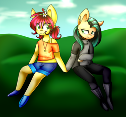 Size: 2155x2000 | Tagged: safe, artist:despotshy, oc, oc only, oc:lil happiness, oc:lil sadness, anthro, earth pony, plantigrade anthro, clothes, digital art, duo, female, high res, mare, not shipping, sisters, sitting