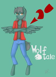 Size: 2777x3766 | Tagged: safe, artist:wolfy-pony, oc, oc only, oc:duskwing, anthro, pegasus, unguligrade anthro, clothes, crossed arms, looking at you, male, pants, shirt, signature, simple background, smiling, solo