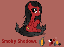 Size: 1100x800 | Tagged: safe, artist:lightning stripe, derpibooru exclusive, derpibooru import, oc, oc only, oc:smoky shadows, pegasus, pony, black mane, cutie mark, eyelashes, eyeliner, female, lidded eyes, long hair, long mane, long tail, makeup, mare, red, red and black oc, red background, red coat, red eyes, reference sheet, show accurate, simple background, sitting, smiling, solo, wings