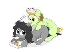 Size: 829x590 | Tagged: safe, artist:askdonutstoles, derpibooru import, oc, oc only, oc:donut stoles, oc:nikita, earth pony, pony, biting, donut, drool, duo, ear bite, eating, female, food, looking back, mare, nibbling, onomatopoeia, prone, simple background, smiling, tumblr:ask donut stoles, white background