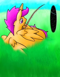 Size: 1700x2200 | Tagged: safe, artist:chickengoddess, scootaloo, alicorn, alicornified, bad shading, fishing, fishing rod, horn, portal, race swap, scootacorn, smiling, sunset, wings