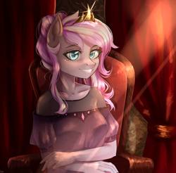 Size: 2000x1970 | Tagged: safe, artist:alicesmitt31, derpibooru import, oc, oc only, oc:iridescent flings, anthro, anthro oc, clothes, crown, female, grin, jewelry, mare, regalia, smiling, solo, ych result