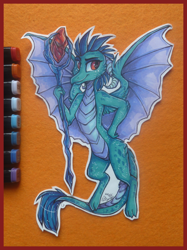 Size: 1280x1707 | Tagged: safe, artist:tenebristayga, dragon lord ember, princess ember, dragon, bloodstone scepter, looking at you, smiling, solo, spread wings, traditional art