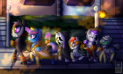 Size: 2800x1700 | Tagged: safe, artist:elmutanto, sweetie belle, sweetie bot, oc, oc only, oc:dazzling gem, oc:emerald symphony, oc:raribot jr, oc:robobloom, oc:sapphire sky, alicorn, robot, alicorn oc, brother and sisters, clothes, commission, costume, eyepatch, family, female, halloween, holiday, jack-o-lantern, mouth hold, mummy, night, pumpkin, pumpkin bucket, raribot family, screaming, sisters, teenage mutant ninja turtles, walking