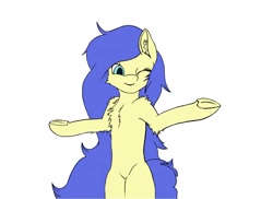 Size: 1334x971 | Tagged: safe, artist:chickengoddess, oc, oc only, oc:bluestar, one eye closed, shrug, solo, wink