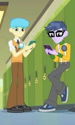 Size: 322x536 | Tagged: safe, screencap, bright idea, microchips, better together, equestria girls, overpowered (equestria girls), background human, clothes, cropped, glasses, male, pants, phone, shoes, smiling, sneakers