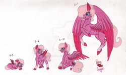 Size: 1024x610 | Tagged: safe, artist:tazzy-girl, oc, oc only, oc:rosy sugar, pegasus, pony, age progression, baby, baby pony, female, filly, solo, traditional art, watermark