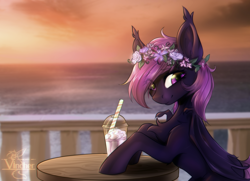 Size: 1340x972 | Tagged: safe, artist:vincher, derpibooru import, oc, oc only, oc:misthil bloom, bat pony, pony, bat pony oc, floral head wreath, flower, milkshake, solo