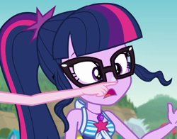 Size: 816x640 | Tagged: safe, derpibooru import, screencap, pinkie pie, sci-twi, twilight sparkle, better together, equestria girls, friendship math, boop, clothes, geode of telekinesis, glasses, ponytail, sunscreen, swimsuit