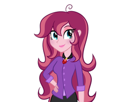 Size: 1000x800 | Tagged: safe, artist:wubcakeva, oc, oc only, oc:contralto, equestria girls, adult, clothes, disguised siren, equestria girls-ified, gem, hand on hip, older, shirt, simple background, siren gem, smiling, solo, transparent background