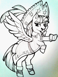 Size: 1024x1352 | Tagged: safe, artist:0bite0, twilight sparkle, twilight sparkle (alicorn), alicorn, pony, my little pony: the movie, captain twilight, clothes, hat, monochrome, pirate twilight, rearing, solo, traditional art