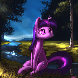 Size: 894x894 | Tagged: safe, alternate version, artist:auroriia, twilight sparkle, pony, unicorn, crepuscular rays, female, mare, river, scenery, sitting, solo, tree