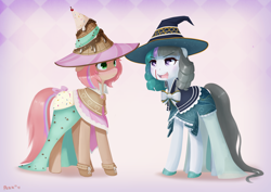 Size: 1754x1240 | Tagged: safe, artist:pezzhippo, oc, oc only, oc:seafoam, oc:sweet skies, earth pony, pegasus, pony, blood, blushing, clothes, costume, eye contact, female, hat, heart eyes, implied lesbian, looking at each other, mare, nosebleed, open mouth, shipping, shoes, wingding eyes, witch hat