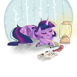 Size: 1024x1024 | Tagged: safe, artist:zakkurro, twilight sparkle, twilight sparkle (alicorn), alicorn, pony, eyes closed, folded wings, ink, ink stain, lantern, letter, quill, signature, sleeping, solo, wings