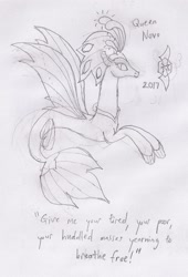 Size: 1021x1505 | Tagged: safe, artist:parclytaxel, queen novo, seapony (g4), my little pony: the movie, lidded eyes, lineart, monochrome, pencil drawing, prone, smiling, solo, spread wings, the new colossus, traditional art